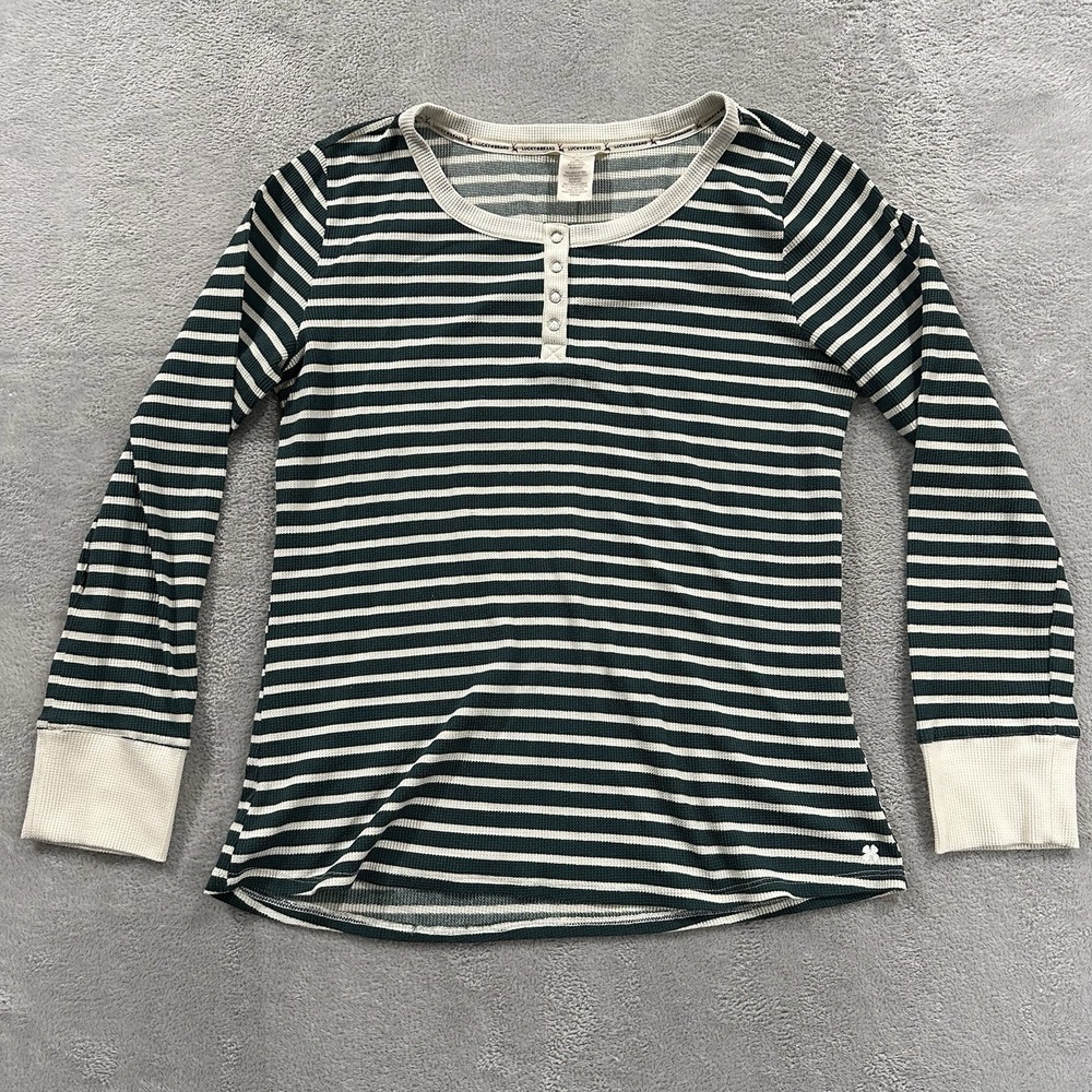 Lucky Brand Women L Green Striped Henley Shirt Long Sleeve Tee Lounge Boho
